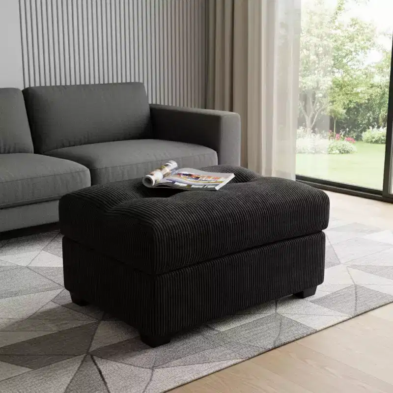 HomeRoots 37 Black Corduroy Tufted Ottoman