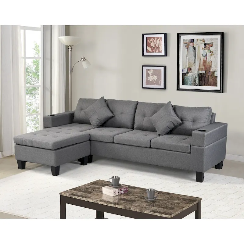 Modern Sectional Sofa with Cup Holders and Plush Cushions