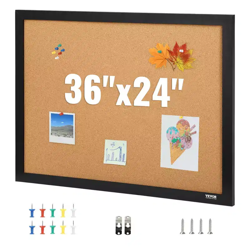 Cork Bulletin Board 36x24 Inch, Framed Pin Board with Push Pins for Home Office School