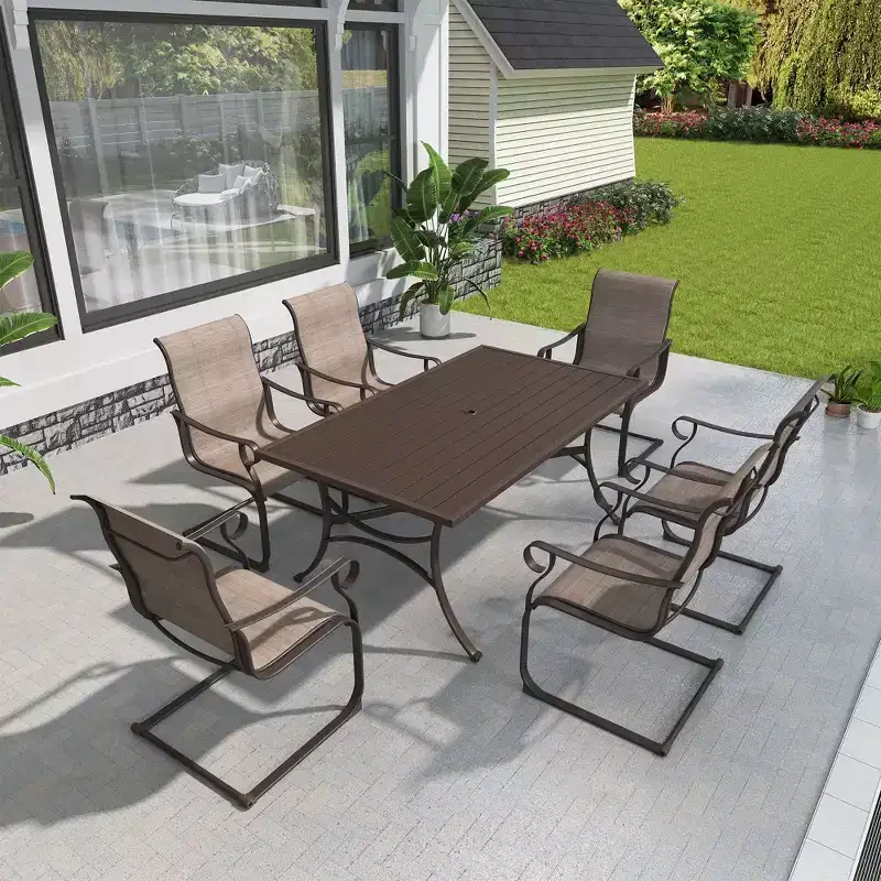 Mondawe 7-Piece Outdoor Steel Textiliene Dining Set With 6 Chairs & 1 Umbrella Hole Table