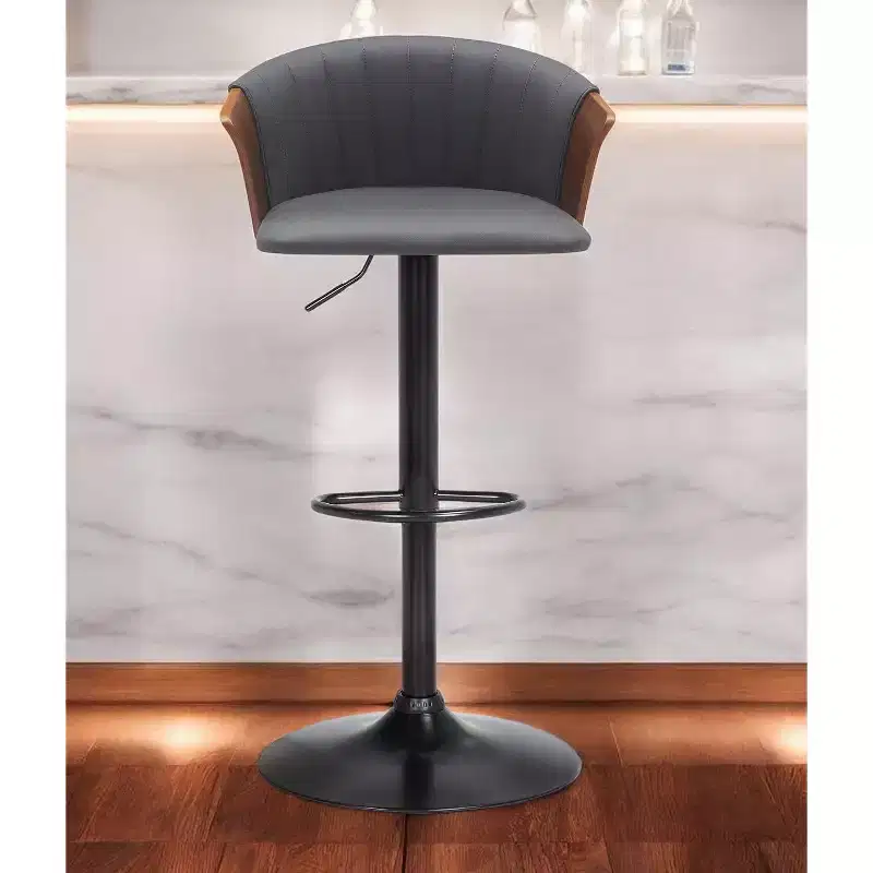 HomeRoots Gray and Black Faux Leather with Metal Swivel Adjustable Height Bar Chair