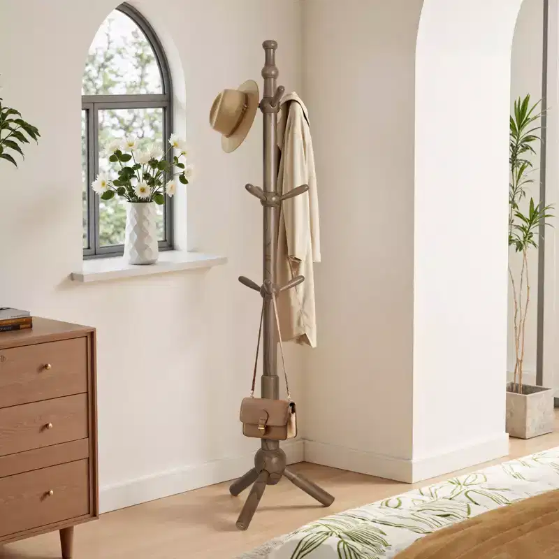 Solid Wood Coat Rack Freestanding 9 Hooks, Adjustable Height Heavy Duty Wooden Coat Tree Stand for Entryway Bedroom Office, Walnut Finish