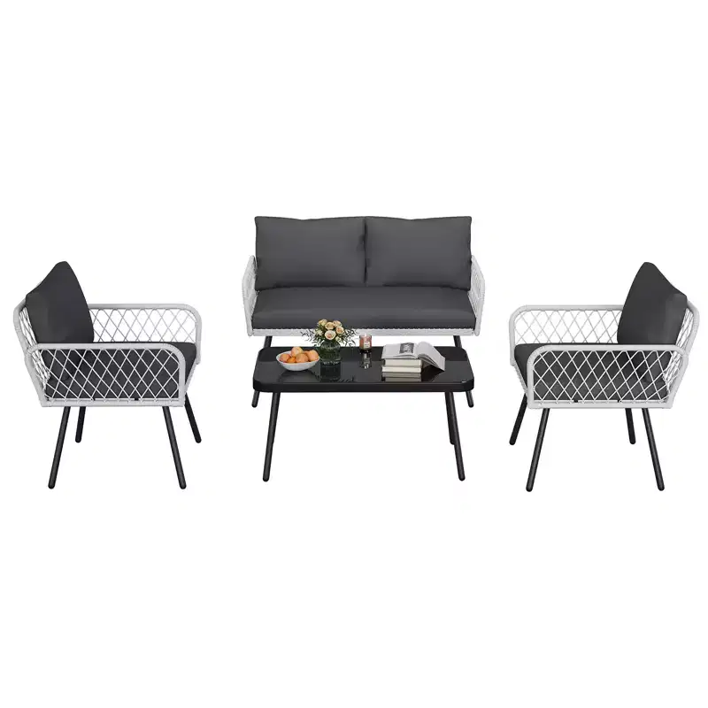 4-Piece Wicker Outdoor Furniture Set,Patio Sectional Sofa with Handmade Rattan and Metal Frame,with Coffee Table for Backyard,Garden and Poolside