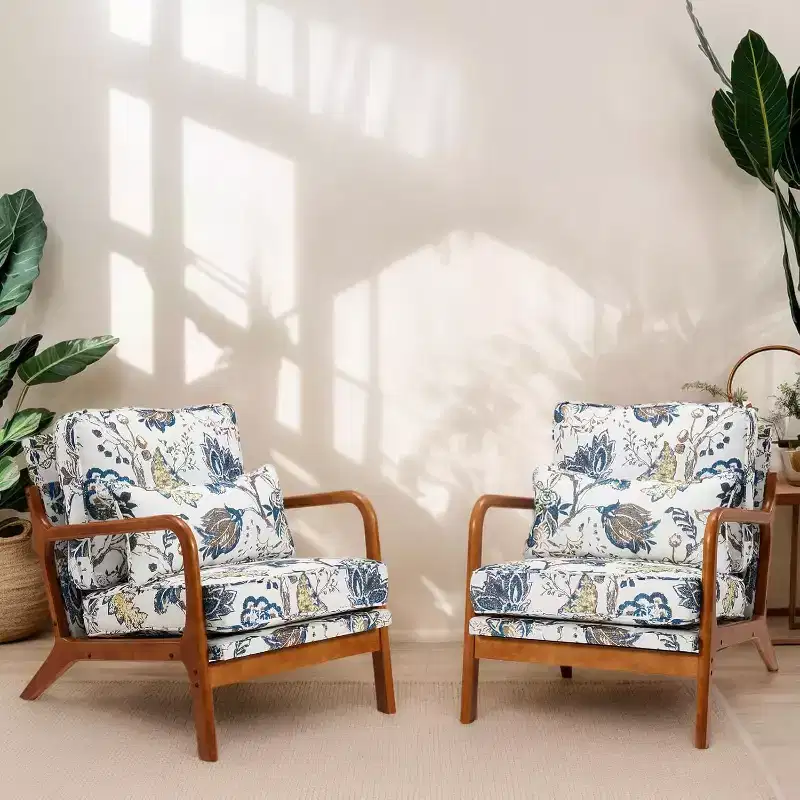 Floral-Mid Century Modern Accent Chairs set of 2,Solid Rubber Wood Frame living chair