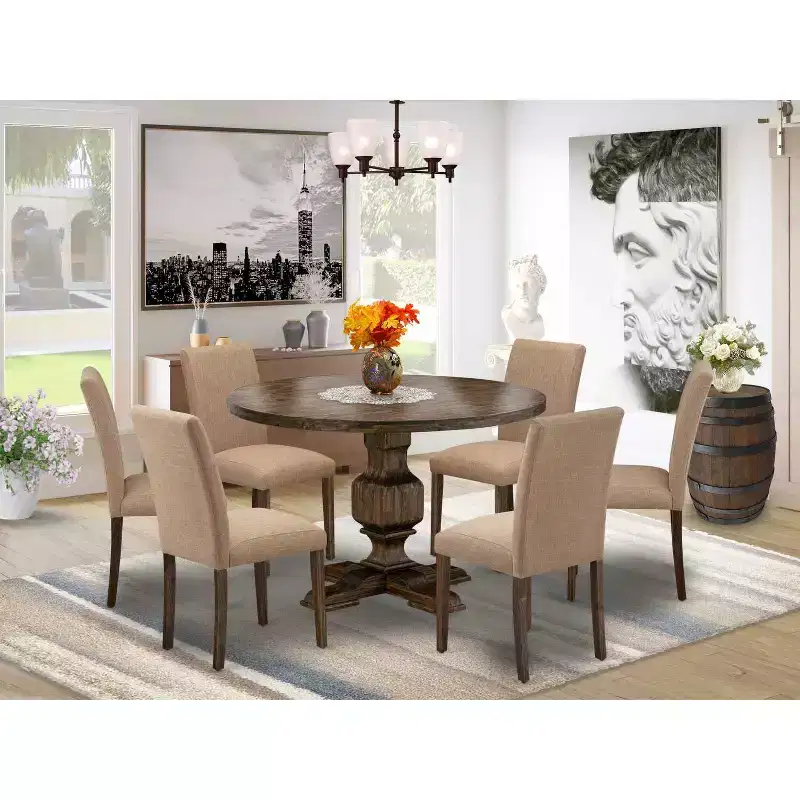 HomeStock Belmont 7 Piece Table Set Dining Room Table and 6 Light Sable Linen Fabric Chairs with High Back - Distressed Jacobean Finish