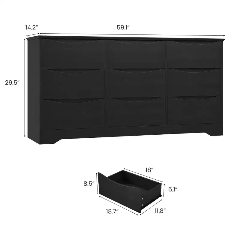 Tall Modern 9-Drawer Wooden Dresser,Deep-Storage Closet & Large Wide-Top Chest for Bedroom, Living Room, Hallway, Kids Room