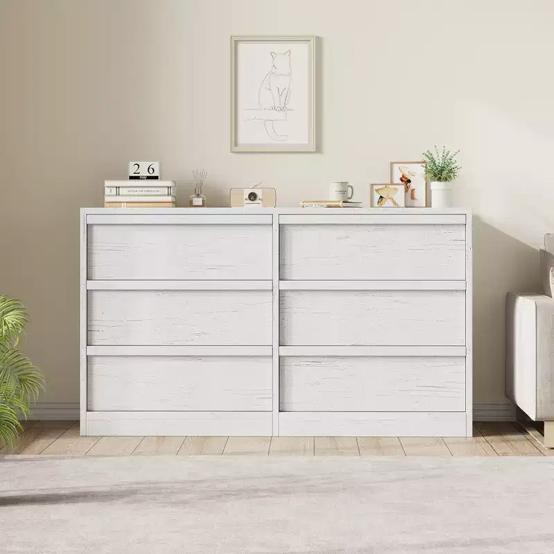 CuisinSmart 6 Drawer Dresser for Bedroom, Natural Double Dresser Organizer with Concave Handles, Modern Chest of Drawers, White