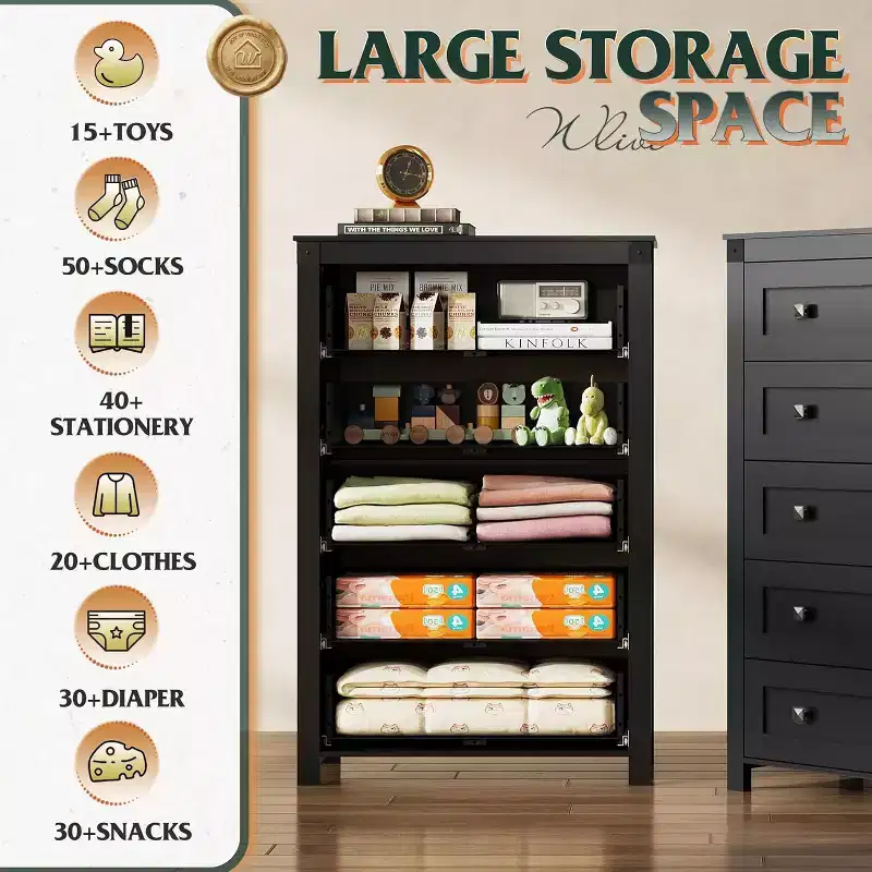 GALAXHERO 5 Drawer Farmhouse Dresser, Tall Wood Storage Organizer for Bedroom, Chest of Drawers with Rustic Handles for Living Room, Hallway