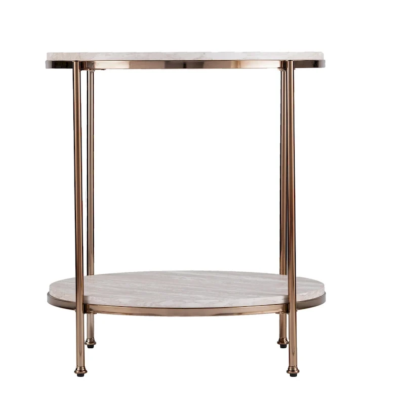 HomeRoots 24 Champagne Faux Marble And Iron Round End Table With Shelf - 22x22x24.25