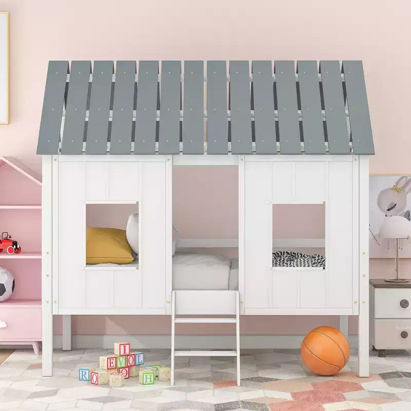 80.4''L 45.2''W 71.4H Twin Size House-shaped Low Loft Bed with Roof and Two Front Windows - White