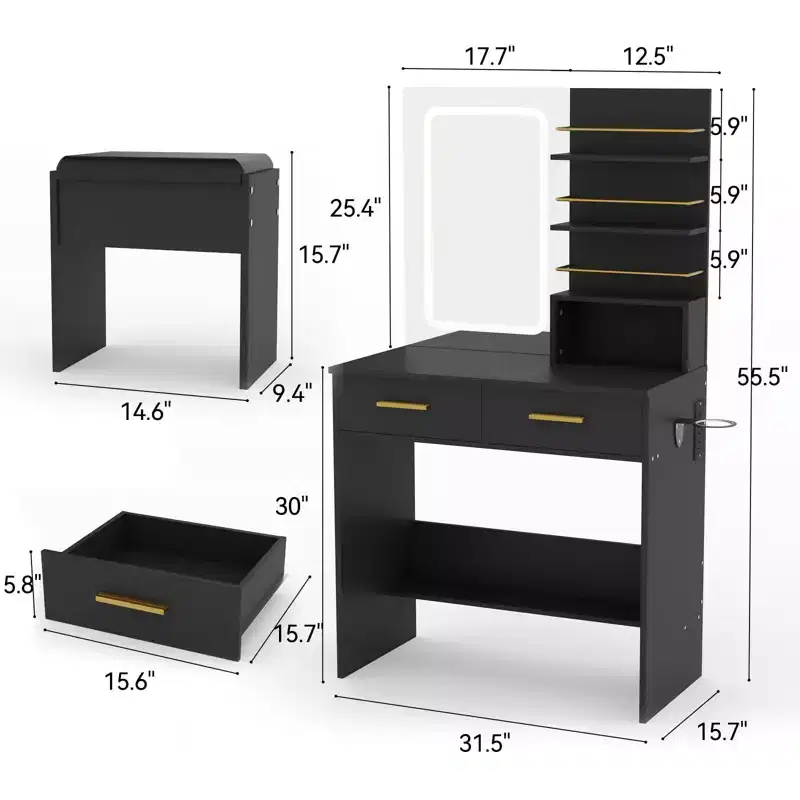 Vanity Desk Set with Mirror, Makeup Vanity with 2 Drawers & Open Storage Shelves, Cabinet, Bedroom Dressing Table with Chair