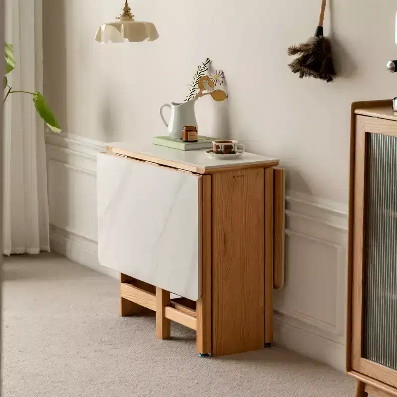 GDFStudio Agatha Modern Solid Wood 4-6 People Folding Table with Rock Slab Top