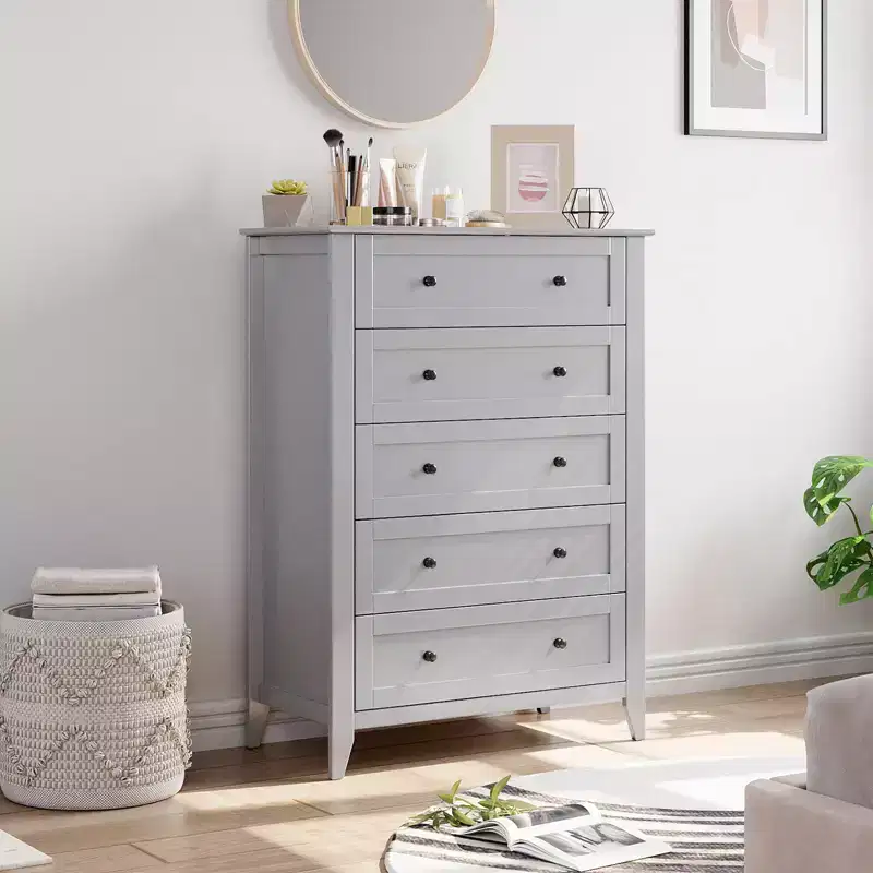 GustoWave 5 Chest of Drawer Dresser, Wood Storage Organizer with Drawers for Bedroom, Living Room, Entryway, Grey