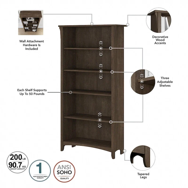 Salinas 60W L Desk with Hutch, Cabinet and Bookcase by Bush Furniture
