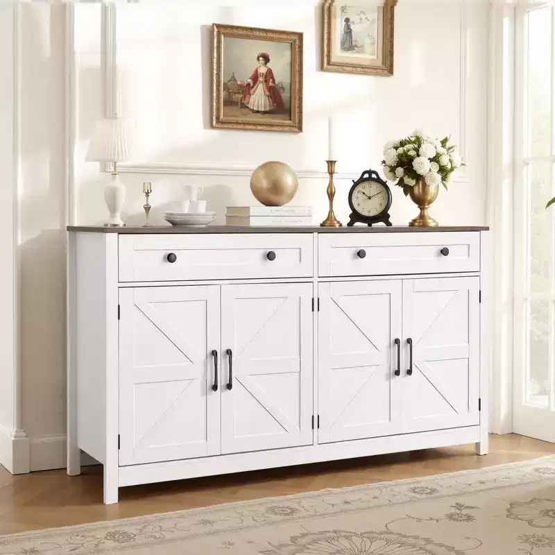 VEVOR Coffee Bar Cabinet, Farmhouse Coffee Bar Table with 2 Drawers, Buffet Stand Cabinet with 4 Barn Doors, 55.1 x 15.5 x 31.5 in, White