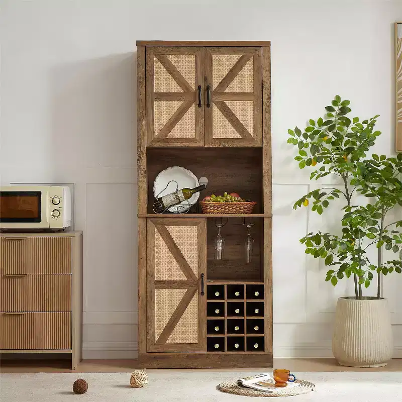 76.4H Tall Wooden Faux Rattan Storage Cabinet, Kitchen Bar Cabinet with Square Compartments, Doors and Shelves, 4Q -ModernLuxe