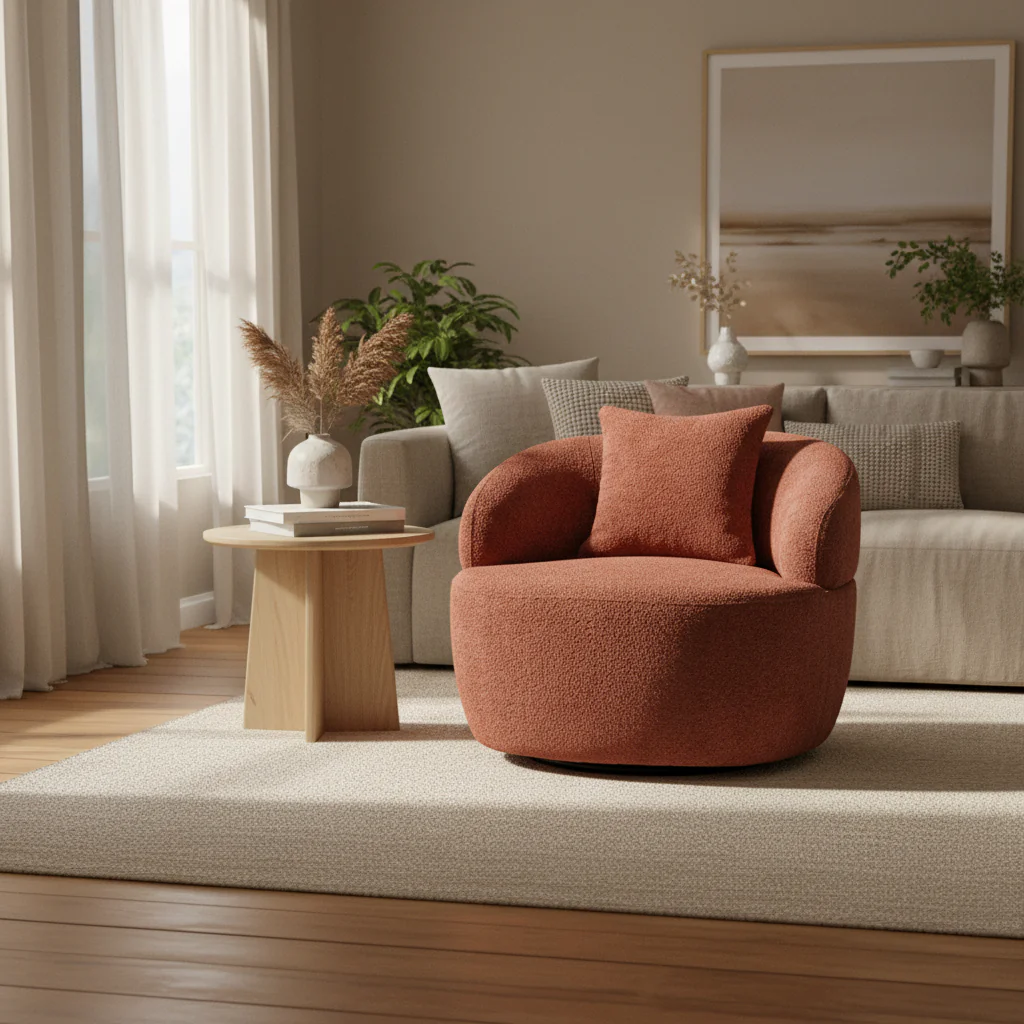 Orange Modern 34.6 Upholstered 360 Swivel Barrel Chair with Solid Wood Frame