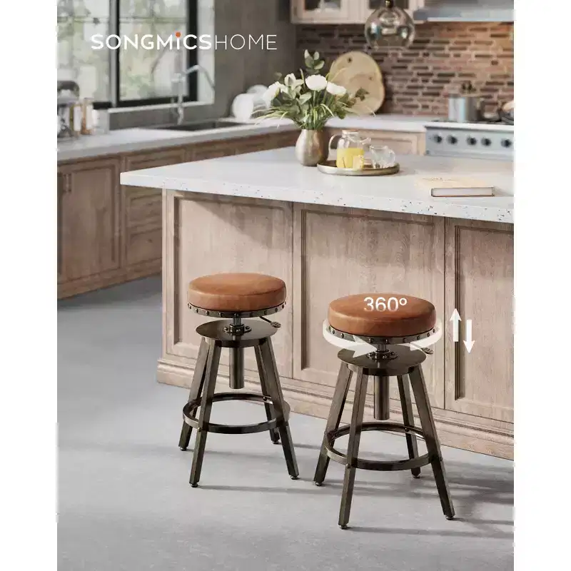 Set of 2 Steampunk Bar Stools with Adjustable Height and Swivel Seat, 24.6-29.3 Inch Counter Stools with Footrest, Vintage Industrial Style