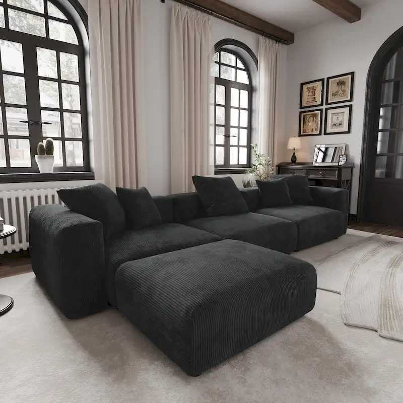 Modern Sectional Couch Sofa with 5 Pillows, Luxurious Modular Sectional Couch with Chaise Ottoman