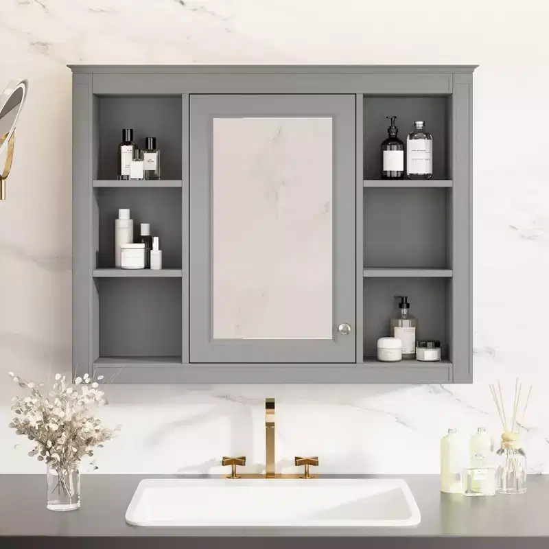 MAYEERTY 27.5 Medicine Cabinet, Wall Mounted Bathroom Storage Cabinet with Mirror 6 Open Shelves Modern Gray