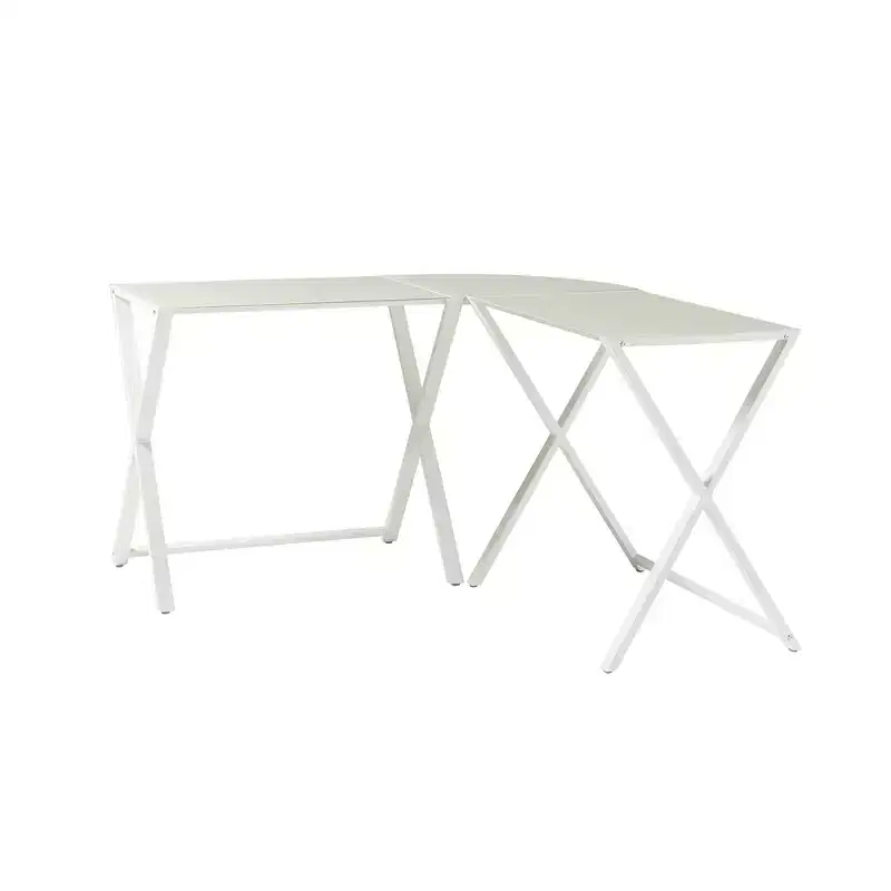 Modern L-Shaped Metal and Tempered Glass Computer Desk with X-Frame