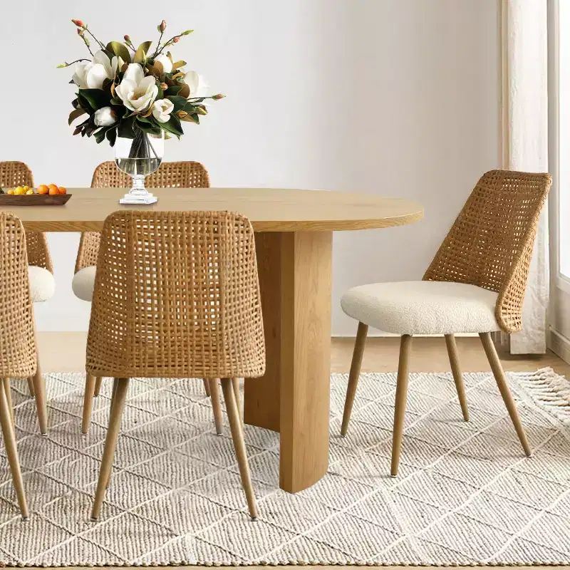 Dining Table Set for 6, Upholstered Dining Chairs with Rattan Backs and Oval Table in Natural Wood-Tone Finish, for Kitchen or Dining Room-Panipeachy