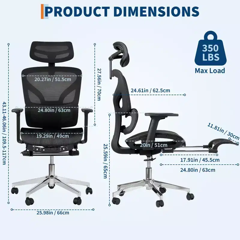 Ergonomic Office Chair with Footrest, Mesh Computer Desk Chair with Adjustable Lumbar Support, Headrest and Armrest, for Office