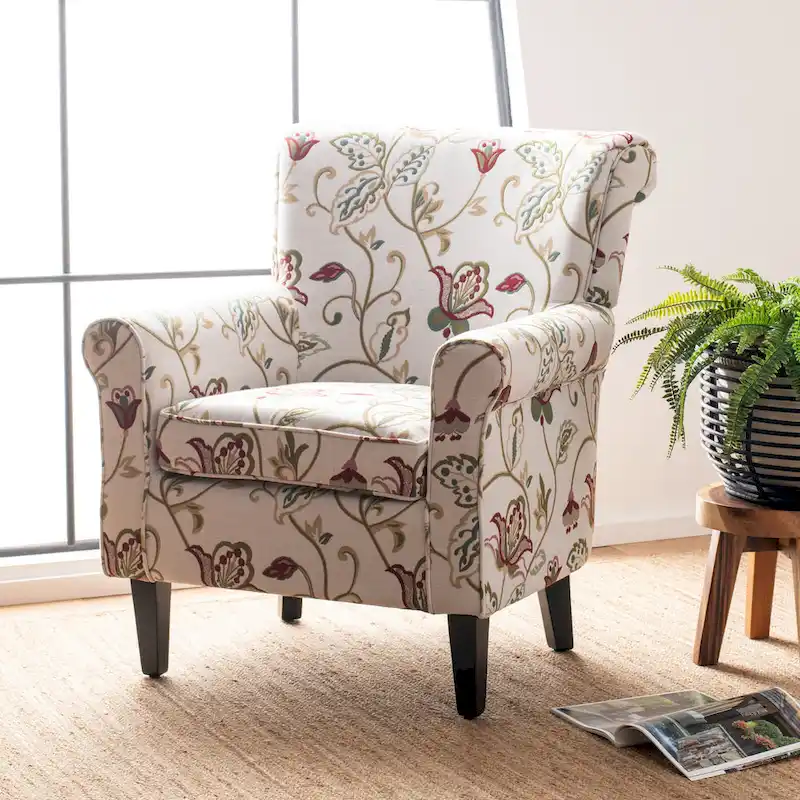 Floral Roll Arm Club Chair – Cotton-Linen Blend, Espresso Legs, 30