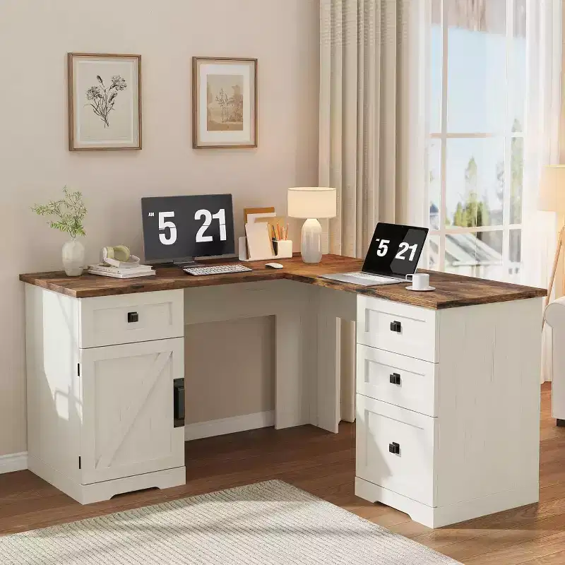 Acekool 60 Executive L-Shaped Farmhouse Desk with File Drawers & Adjustable Storage Cabinet, Corner Computer Desk for Home Office
