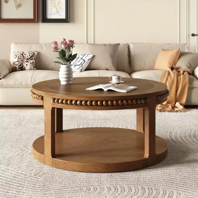 Vintage Round 2-Tier Coffee Table with Dual Storage and Solid Wood Veneer for Living Room and Bedroom
