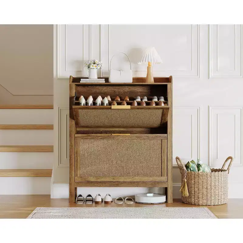 Rattan Shoe Cabinet Farmhouse, 32 Inch Narrow Shoe Storage with 2 Flip-Down Drawers, Freestanding Entryway Organizer with Adjustable Shelves, Brown