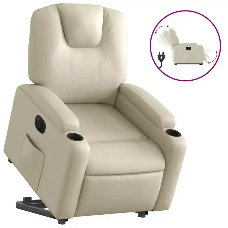 Power Lift Electric Recliner Chair - Cream Faux Leather with Cup Holders