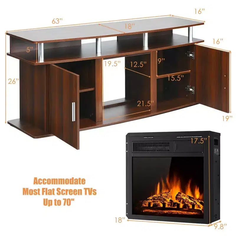 63'' Fireplace TV Stand W/18'' 1500W Electric Fireplace up to 70'' Walnut