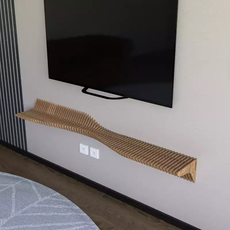 60-Inch Parametric Floating Shelf TV Unit – 3D Wavy Geometric Natural Oak
