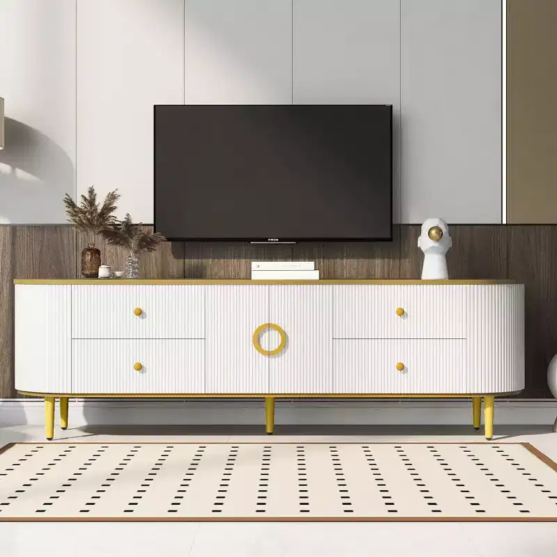 JVNOXK Modern Wood TV Stand for Up to 80 TVs, Entertainment Center with 4 Drawers & 1 Cabinet, Metal Legs & Gold Accents for Living Room