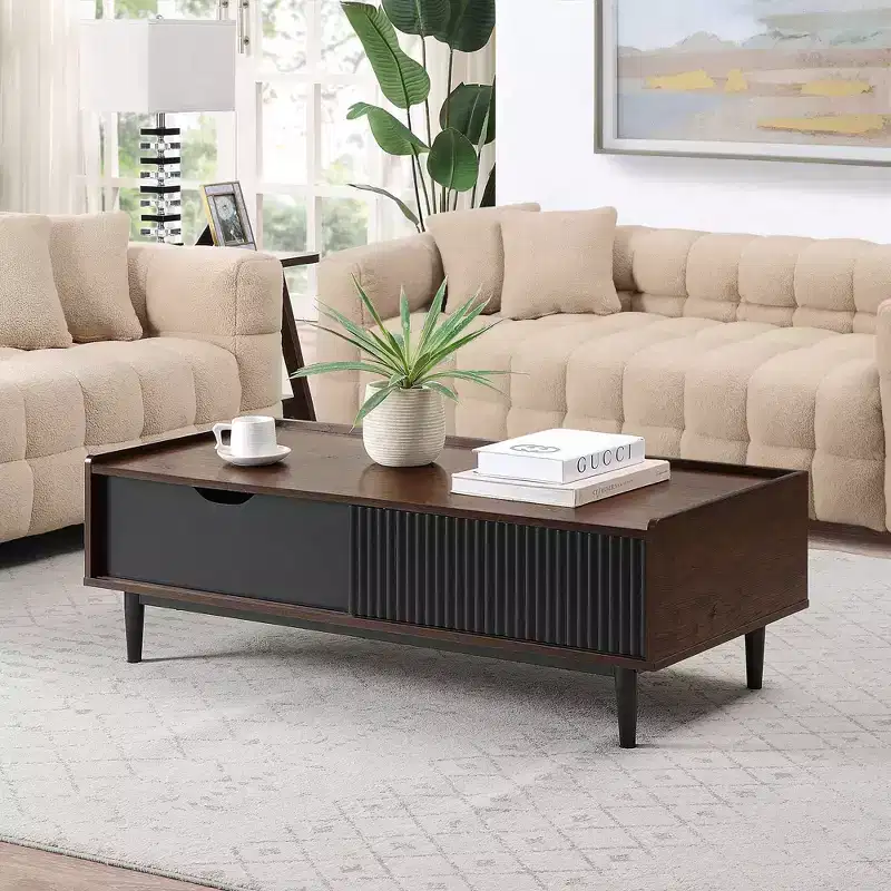 Ribbed Coffee Table with Drawer and Lower Shelf, Modern Living Room Accent Table