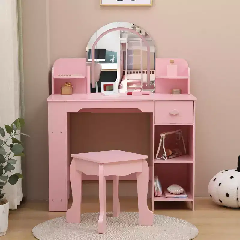Kids Vanity Desk with Mirror, 2 In 1 Little Girls Vanity Table & Stool, Kids Makeup Table with Bookshelf, Drawer & Open Shelves for 3-9 Yrs Girls