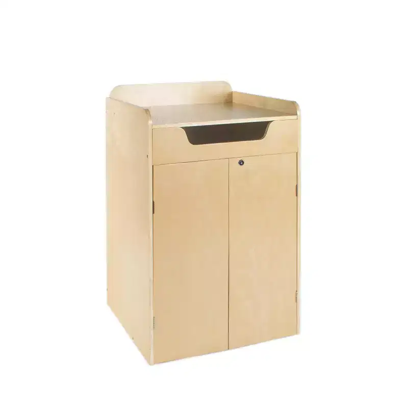 Kids Library Book Drop Cabinet with Locking Doors & Fabric Bin, Birch Plywood