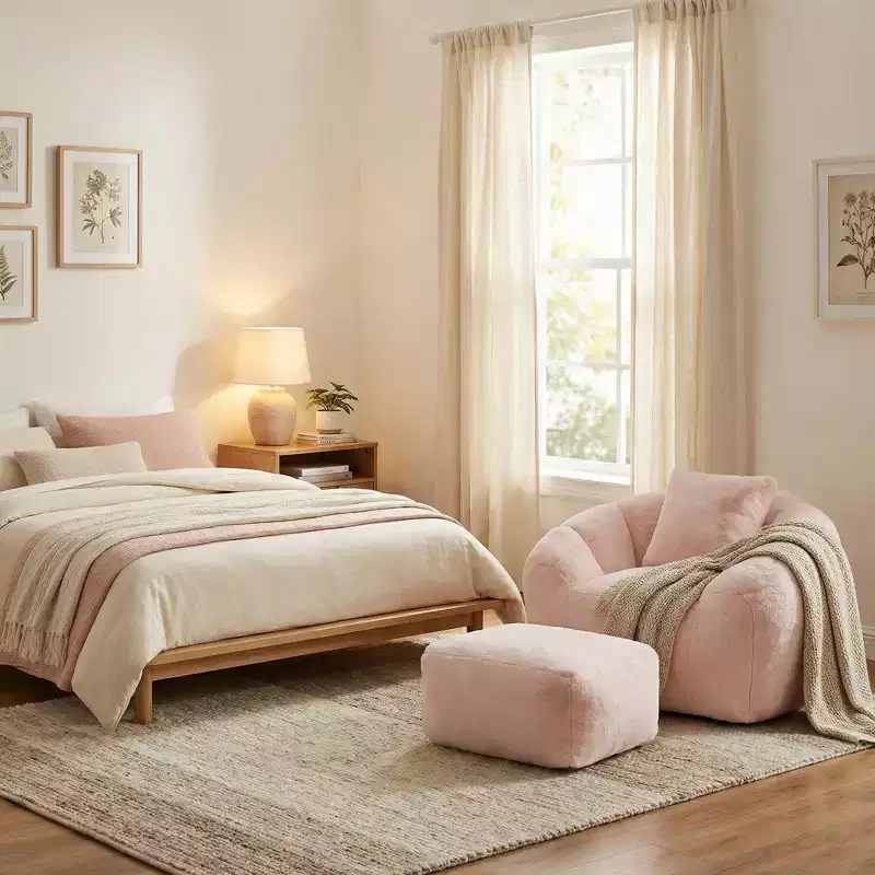 FurnitureR Plush Teddy Fabric Accent Chair with Footstool, Cozy Lounge Armchair and Ottoman Set for Living Room, Bedroom or Reading Nook