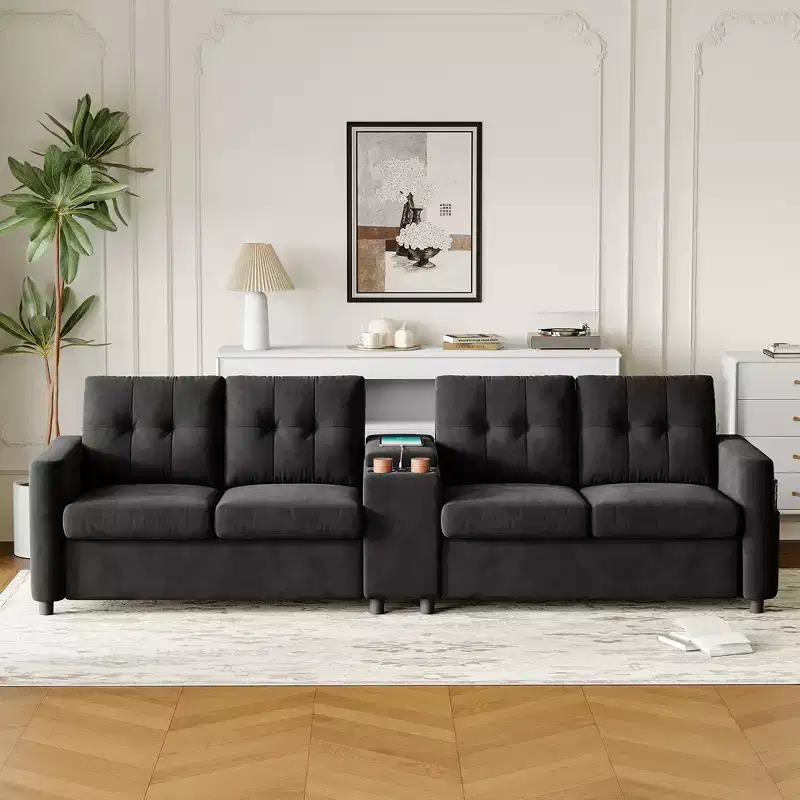 Modern Sectional Couch for 4, Compact caoch with Storage Console, Charging Station & Cup Holders, for Family Rooms, Small Spaces