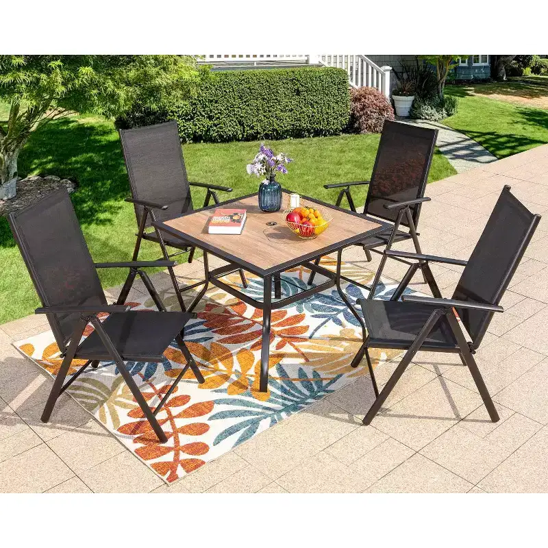 5pc Patio Set with Square Faux Wood Top Table & Reclining Sling Chairs with Armrests - Captiva Designs: Outdoor Dining, Weather-Resistant