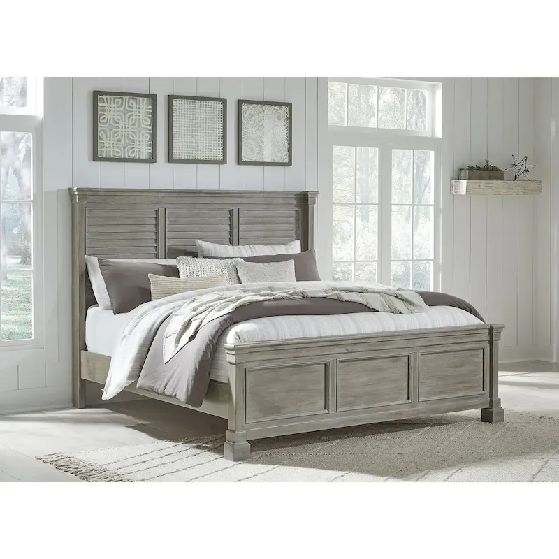 Queen Panel Bed, Glazed Bisque Wire-Brushed Finish, Louvered Headboard, Wood & Veneer, Traditional Style