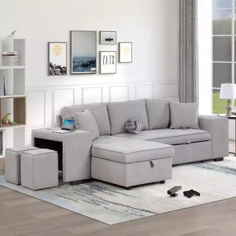 104.5 Reversible L-Shape Sleeper Sectional with Storage Chaise & 2 Stools - Convertible 3-Seat Sofa Bed for Living Room