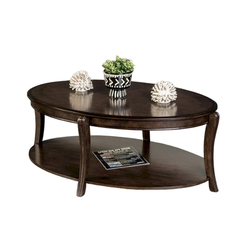 Coffee Table with Open Shelves, 49 Inch Oval Top, Brown Wood