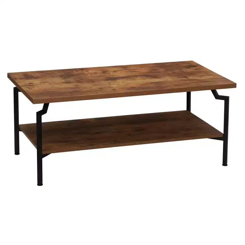 Crown Rectangular Coffee Table with Storage Shelf Rustic Hickory Wood Grain and Black Metal