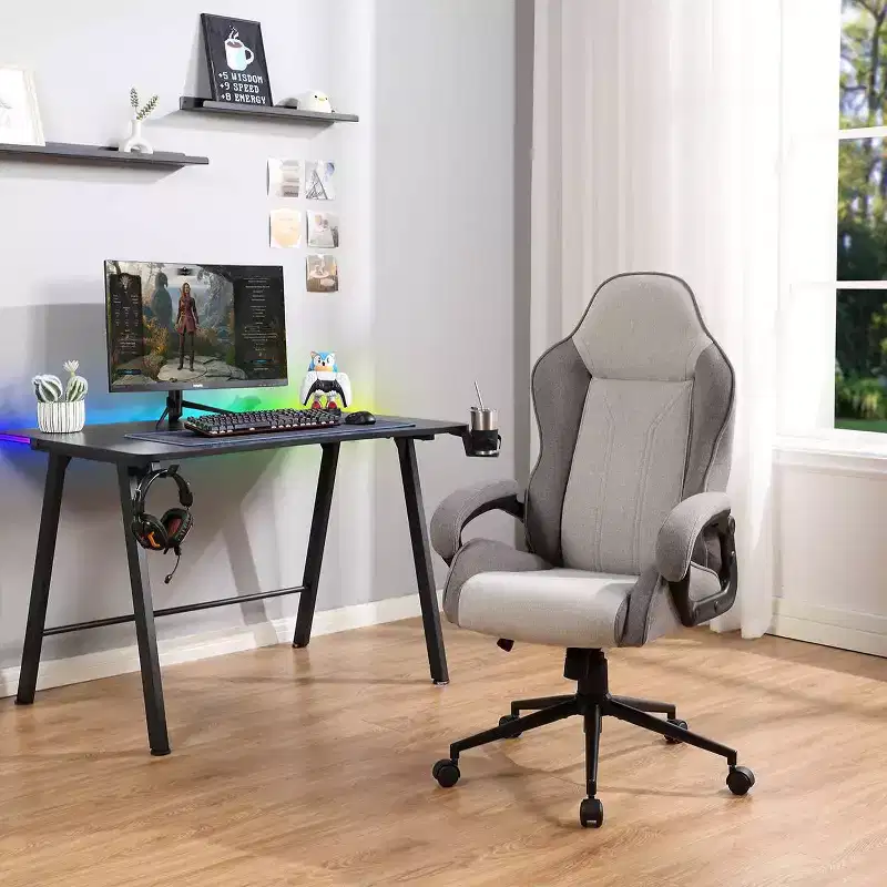 Swivel Gaming Chair Gray Upholstered Computer Desk Chair Adjustable Fixed Arms