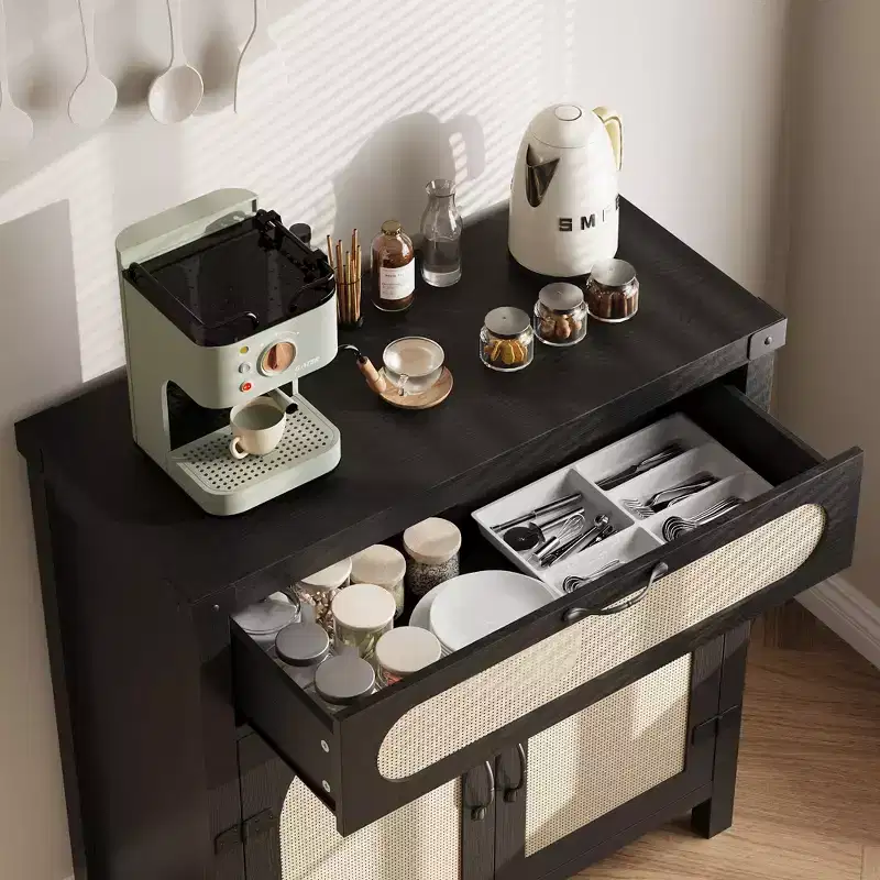 Buffet Cabinet, 30 Rattan Sideboard with Storage, Small Farmhouse Buffet Table with Adjustable Shelf & Drawer, Black