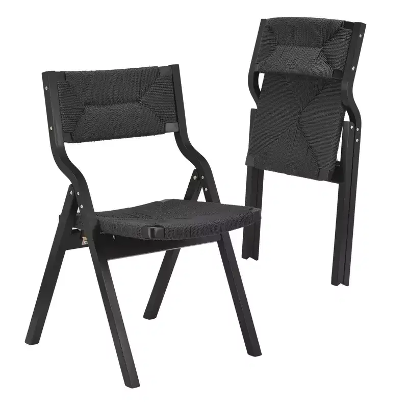 Wooden Dining Chairs, Folding Dining Chairs with Woven Seat and Webbing Back, Stackable Dining Chairs for Dining Room