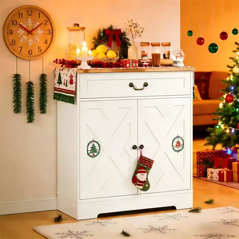 Farmhouse Coffee Bar Cabinet with 4 Doors & 2 Drawers, Kitchen Storage Buffet Sideboard, Adjustable Shelf, 150 LB Capacity, Easy Assembly