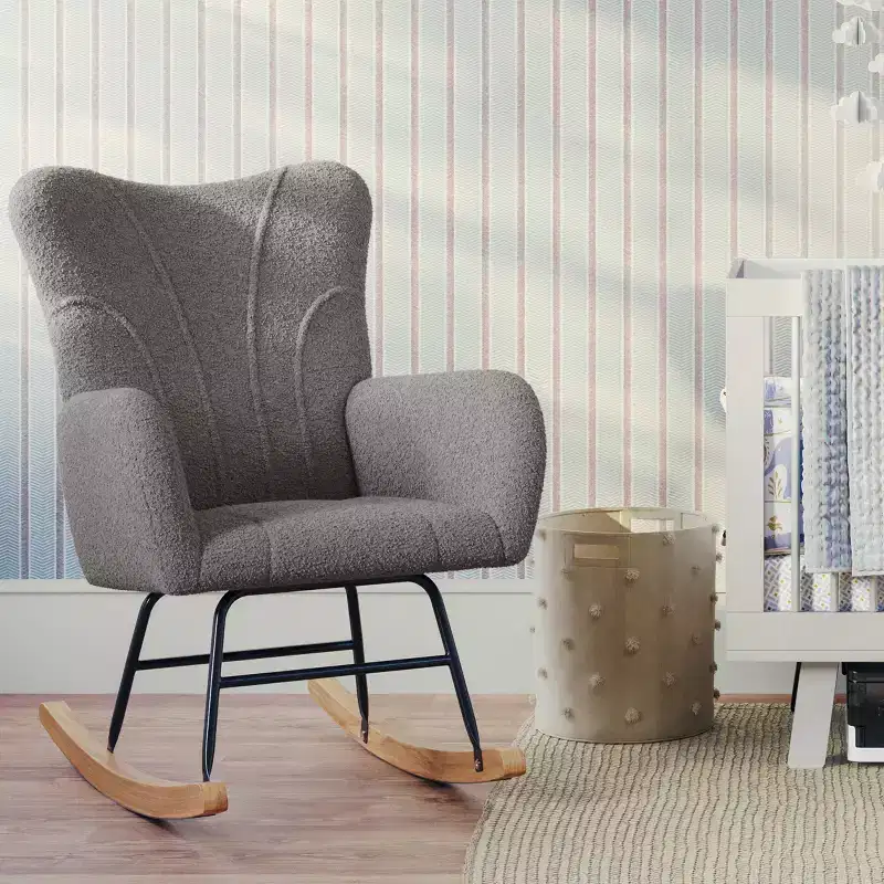 Rocking Chair Teddy Fabric Upholstered Chair Ergonomic Modern Rocker
